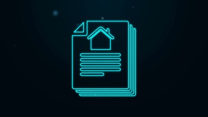 Sticker - Glowing neon line House contract icon isolated on black background. Contract creation service, document formation, application form composition. 4K Video motion graphic animation