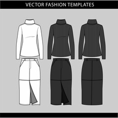 Wall Mural - Turtle neck and skirt front and back view, fashion flat sketch template