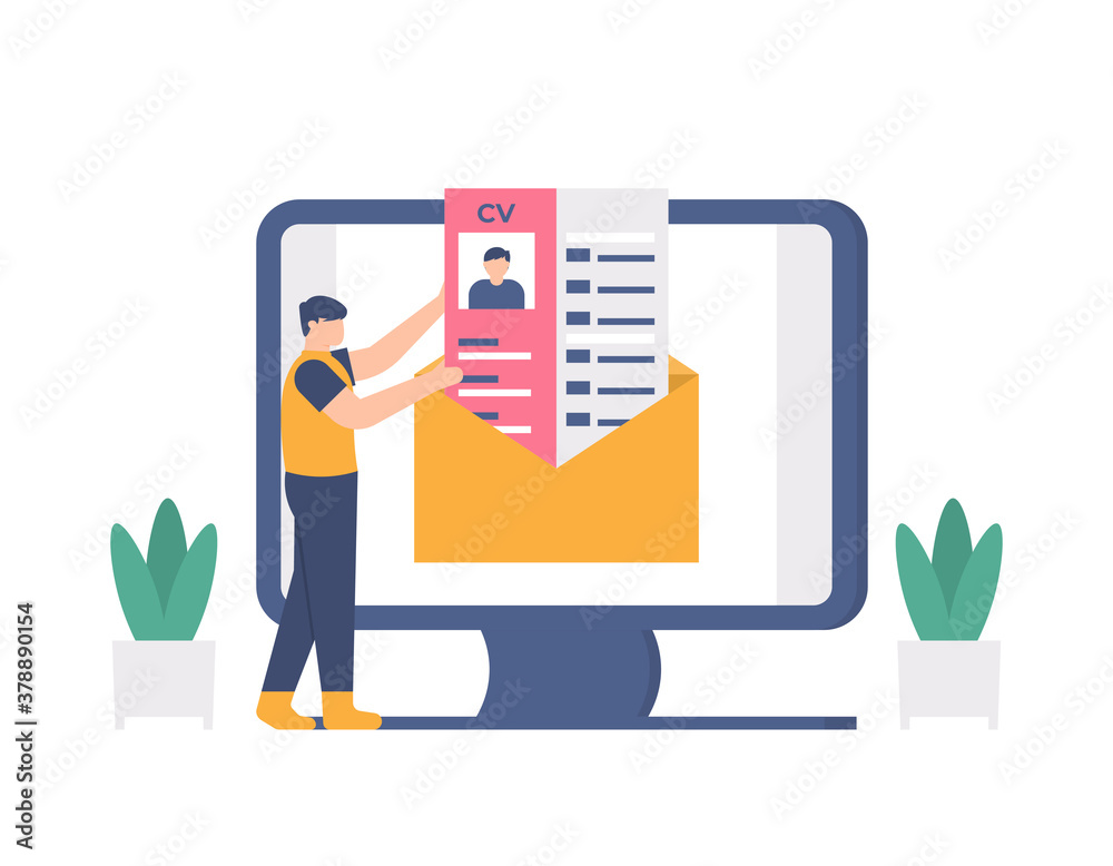 illustration of a person entering or sending a cv into an email letter ...