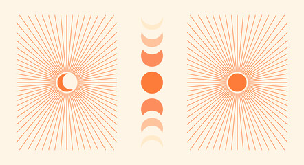 Wall Mural - Vector set with sun and moon. Contemporary  geometric compositions.  Boho wall decor. Mid century art print.