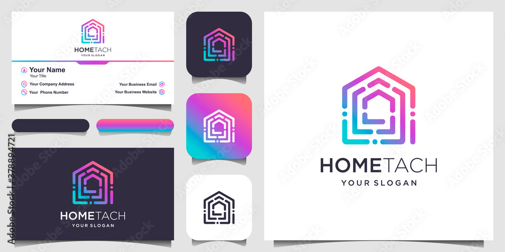 abstract home tech with line art style logo and business card design ...
