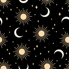 Wall Mural - seamless pattern with sun and moon on black background. contemporary composition. boho wall decor. m