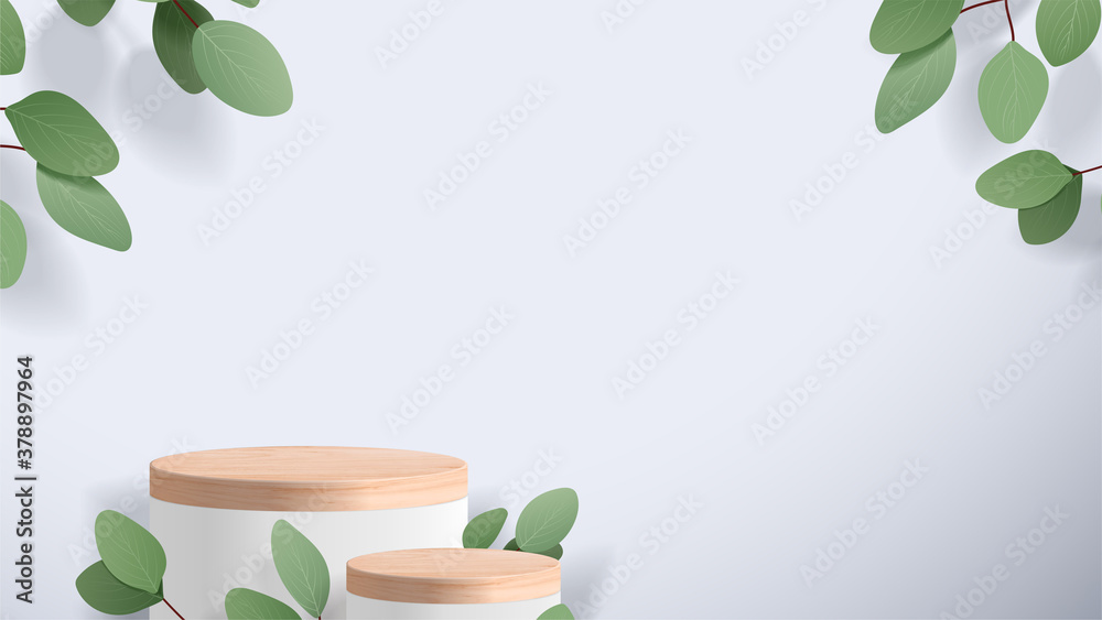 Abstract minimal scene with geometric forms. wood podium in white background with leaves. product presentation, mock up, show cosmetic product display, Podium, stage pedestal or platform. 3d vector - obrazy, fototapety, plakaty 