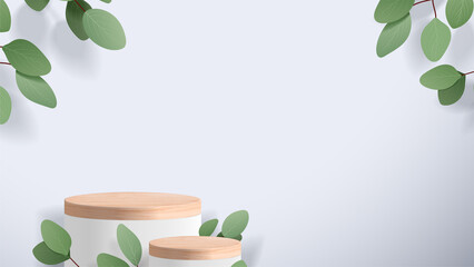 Abstract minimal scene with geometric forms. wood podium in white background with leaves. product presentation, mock up, show cosmetic product display, Podium, stage pedestal or platform. 3d vector