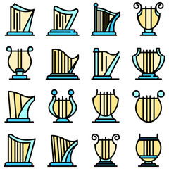 Poster - Harp icons set. Outline set of harp vector icons thin line color flat on white