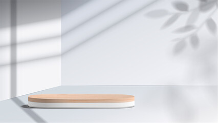Wall Mural - Abstract minimal scene with geometric forms. wood podium in white background with leaves. product presentation, mock up, show cosmetic product display, Podium, stage pedestal or platform. 3d vector