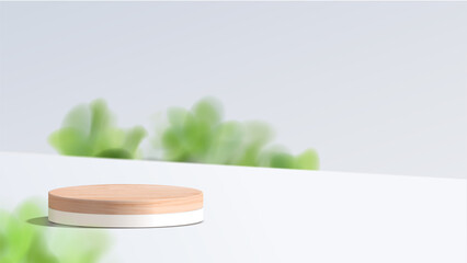 Wall Mural - abstract minimal scene with geometric forms. wood podium in white background with leaves. product pr