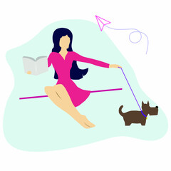 Girl on a walk with a dog, reading a book, self-isolation mode for coronavirus, vector graphics isolated on a white background