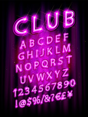 Wall Mural - Vector violet pink neon lamp cinema font