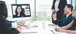 © InfiniteFlow - Video call group business people meeting on virtual workplace or remote office. Telework conference call using smart video technology to communicate colleague in professional corporate business.