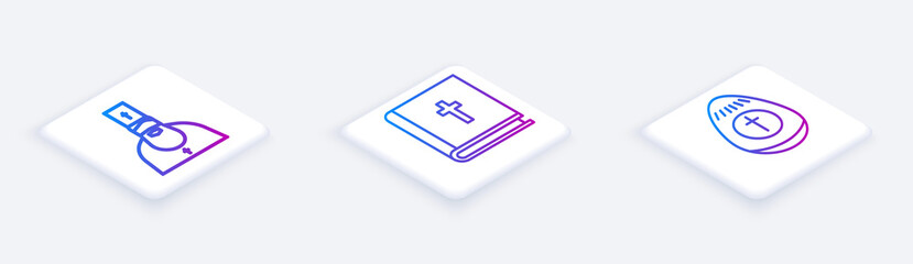 Sticker - Set Isometric line Priest, Holy bible book and Easter egg. White square button. Vector.