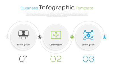 Sticker - Set line DNA spiral and computer, First aid kit and Virus spread. Business infographic template. Vector.