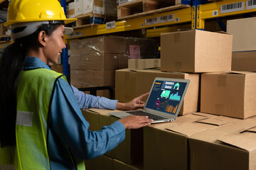 Poster - Warehouse management software application in computer for real time monitoring of goods package delivery . PC screen showing smart inventory dashboard for storage and supply chain distribution .