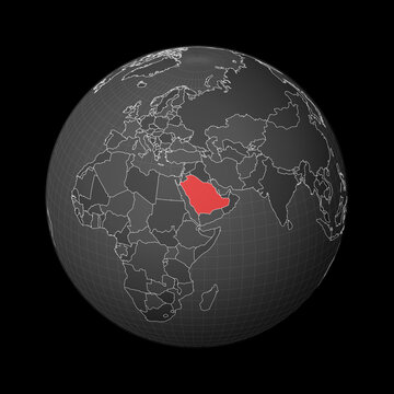 Dark globe centered to Saudi Arabia. Country highlighted with red color on world map. Satellite world projection. Attractive vector illustration.