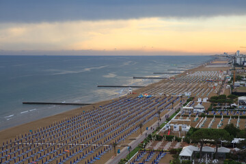 Aerial view of Lido di Jesolo with its wide sandy beaches. Italia.