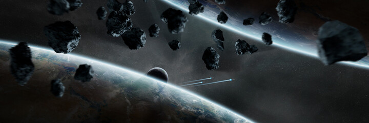 Leinwandbilder - Panoramic space planets background. Panorama of distant solar system with exoplanets 3D rendering elements of this image furnished by NASA