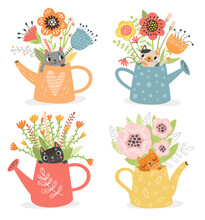 Cute Cats In Garden Watering Cans With Flowers.