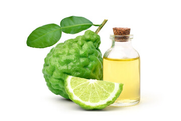 Wall Mural - Bergamot essential oil with bergamot fruit isolated on white background.