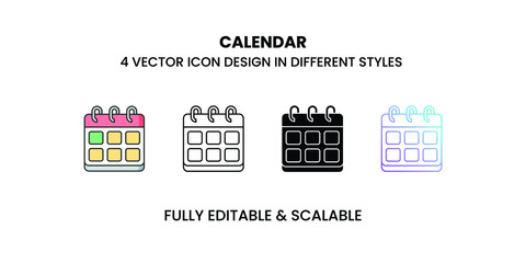 Calendar vector icon in colored outline, flat, glyph, line and gradient