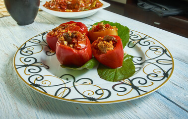 Wall Mural - Mushroom, minced meat, tomato stuffed baked peppers