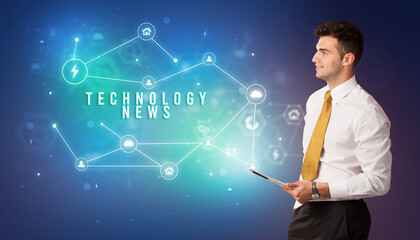 Businessman in front of cloud service icons with TECHNOLOGY NEWS inscription, modern technology concept