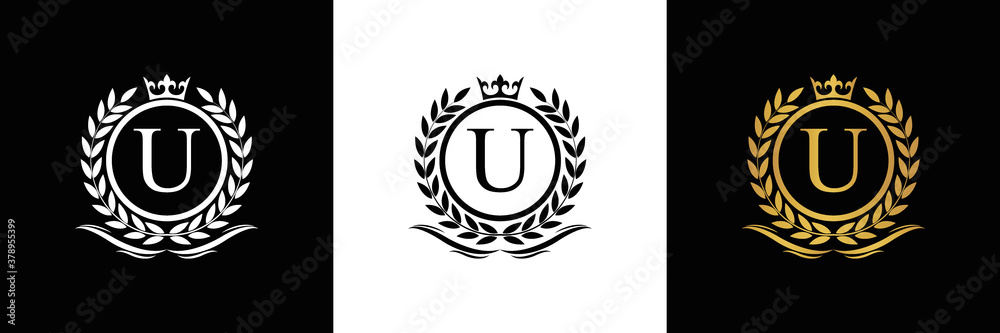 Golden Letter U laurel wreath template logo Luxury gold letter with ...