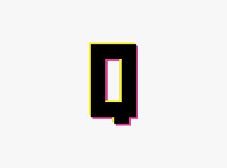 Q Letter font, vector desing alphabet. Dynamic, split-color, shadow of  number pink and yellow on white background. For logo, social media,design elements, creative poster, etc.,