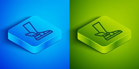 Canvas Print - Isometric line Hermes sandal icon isolated on blue and green background. Ancient greek god Hermes. Running shoe with wings. Square button. Vector.