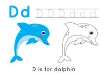 Coloring Page With Letter D And Cute Cartoon Dolphin.