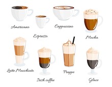 Vector Set Of Coffee Types Glasses Americano, Frappe, Espresso, Cappuccino, Glace, Irish, Macchiato, Latte, Mocha. Coffee Menu Illustration, Poster