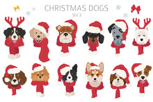 Dog Portraits In Santa Hats And Scarves. Christmas Holiday Design