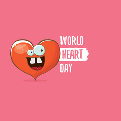 Wall Mural - Vector world heart day card with funny cartoon heart character isolated on pink background. Conceptual heart day comic funky kids poster or banner with funky heart