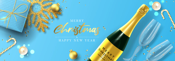 Wall Mural - Merry Christmas and Happy New Year banner. Holiday background with realistic blue gift box, light garlands, wall clock, champagne bottle, Christmas balls, confetti and snowflake. Vector illustration.