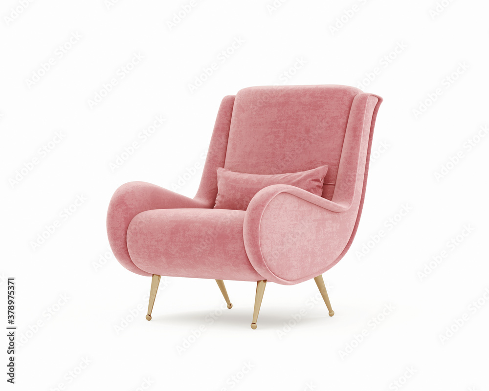 3d rendering of an Isolated pink salmon red modern mid century lounge armchair	 - obrazy, fototapety, plakaty 