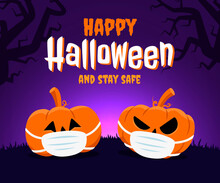 Happy Halloween And Stay Safe Concept. Two Pumpkins Wearing A Face Mask Because Of Coronavirus