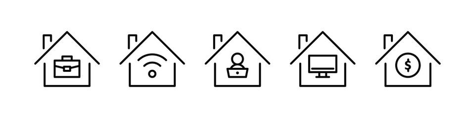 Work from home line icons. Vector illustration included icon as freelance worker with laptop, workspace, pc monitor, business outline pictogram for online job.