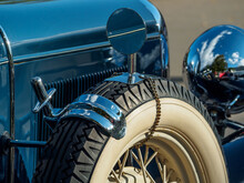 Blue Classic Vintage Car, Retro Car Fragment.. Close-up View Of A Classic Vintage Car.