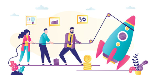 Wall Mural - Businesspeople using rope for rocket launch. Business team create new project. Teamwork, new startup development.