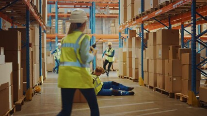 Wall Mural - warehouse worker has work related accident falls while trying to pick up cardboard box from the shel