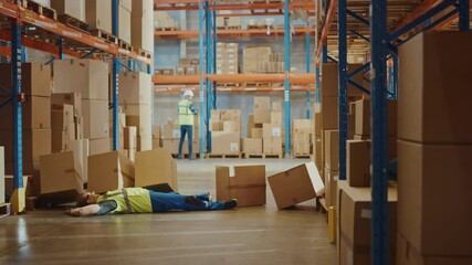 Wall Mural - warehouse worker has work related accident falls while trying to pick up cardboard box from the shel