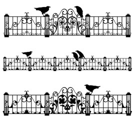 Wall Mural - set of antique style iron fence and gate with sitting raven birds - halloween theme black and white 
