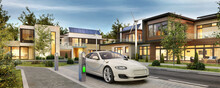 Modern Houses With Solar Panels And Electric Car
