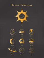 Wall Mural - Planets of solar system vintage poster. Sun, Mercury, Venus, Earth,Moon, Mars, Jupiter, Saturn, Uranus, Neptune isolated set. Vector illustration in outline style with golden gradient. Icon, logotype