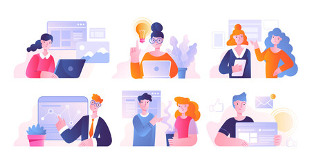 Poster - set of six different business scenes showing people working at computers, presentations, meetings an