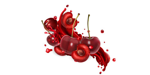 Fresh cherries with a splash of fruit juice.