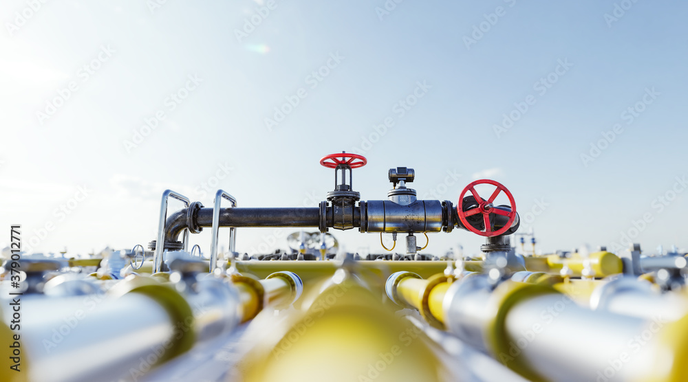 Gas tap with pipeline system at natural gas station. - obrazy, fototapety, plakaty 