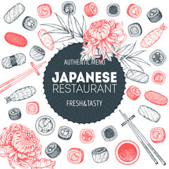 Sushi and rolls vector illustration. Hand drawn sketch. Japanese food menu design. Vintage vector elements for japanese cuisine menu. Retro style design. Food and drink collection. Sushi sketch.