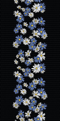 Wall Mural - abstract flowers hand drawn chamomile blossom seamless vertical border pattern on dot textured black