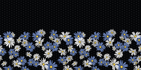 Wall Mural - abstract flowers hand drawn chamomile blossom seamless horizontal border pattern on dot textured bla