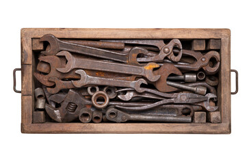 Wall Mural - Collection of rusty vintage tools such as wrenches, spanners, pincers and other in a wooden box isolated  on white background, top view